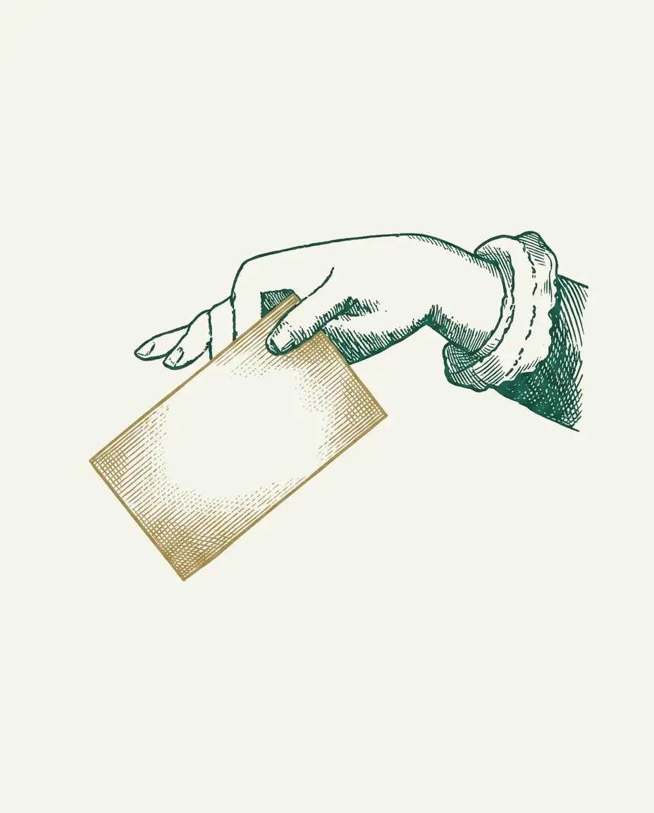 Incisione: una mano che esce da una manica ottocentesca e porge un foglio di carta da lettere dorato, senza niente scritto sopra.